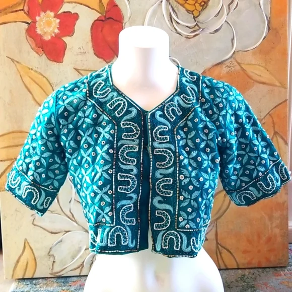 BEAUTIFUL Embroidery Beaded Ethnic Turquoise Silk SS Vintage Crop Top Jacket - Picture 11 of 16
